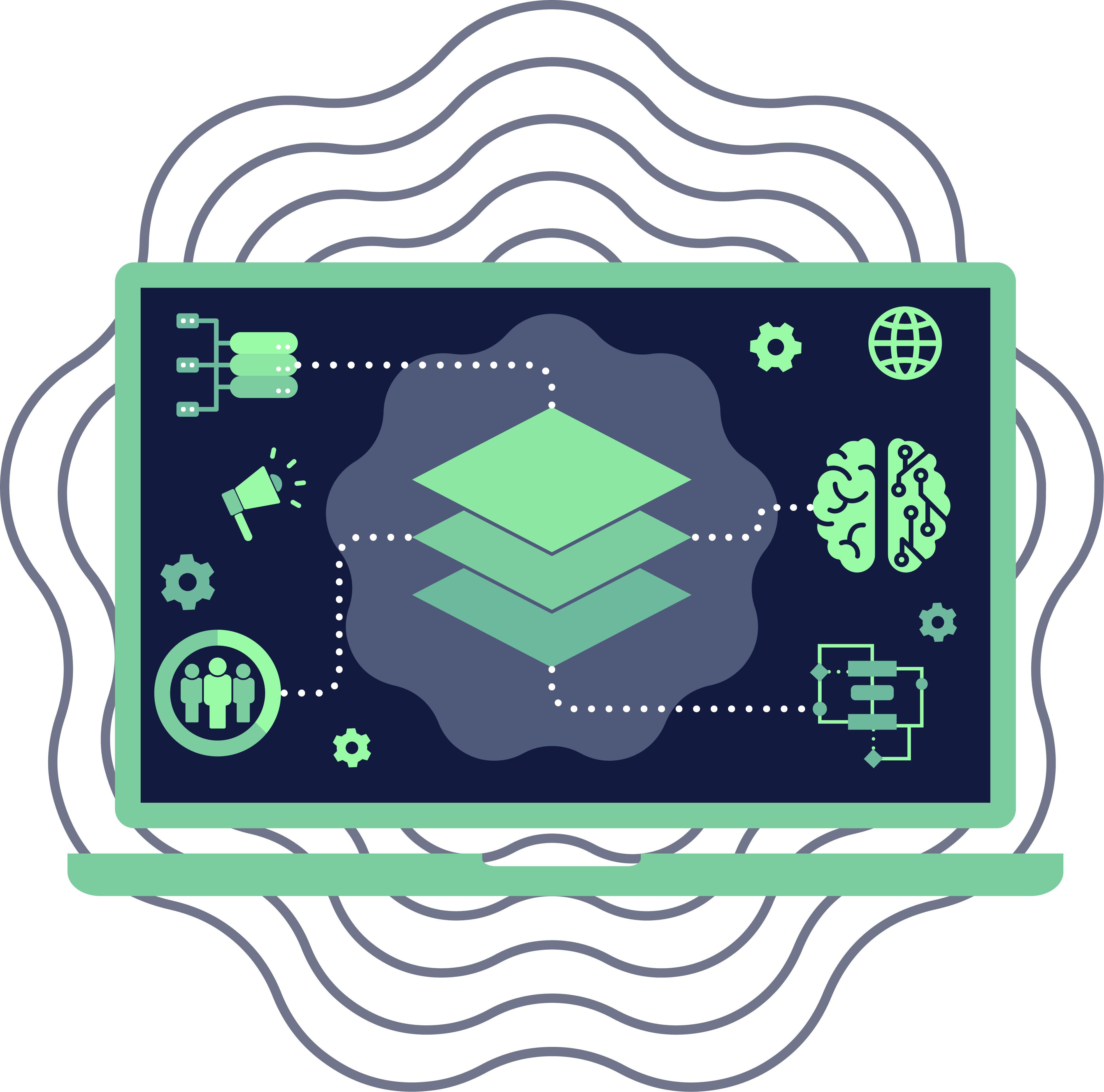 blue and green graphic of laptop screen with platform icon surrounded by psych tech elements